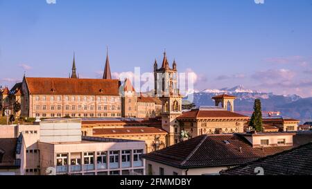 City of Lausanne. Cityscape image of downtown Lausanne, Switzerland in sunset. Tranquil scene. Stock Photo