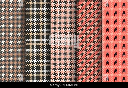 Set of houndstooth seamless patterns. Pink, black and white tartan tweed. Glen plaid textures. Vector. Stock Vector