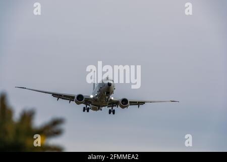 An RAF Boeing Poseidon P-8A jet maritime reconnaissance aircraft flying ...