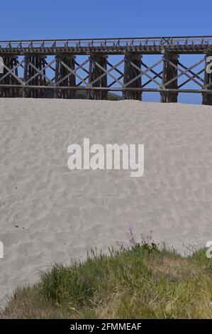 The historic train trestle at Pudding Creek beach, Fort Bragg CA Stock Photo