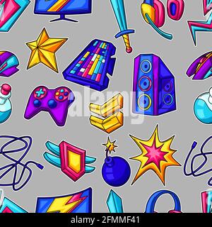 Seamless pattern with gaming items. Cyber sports, computer games, fun recreation. Stock Vector