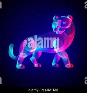 Tiger silhouette. Outline vector illustration of standing tigress - symbol of the year in the Chinese zodiac calendar. Stylized wild animal in 3d line Stock Vector