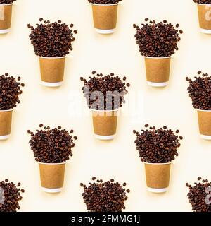 Brown cup with coffee beans repeat seamless pattern on light background. Takeaway food wrapping paper concept. Stock Photo