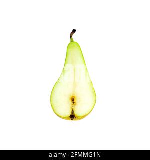 Fresh green organic sliced pear half close up isolated on white background. Stock Photo