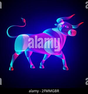 Bull silhouette. Outline vector illustration of standing horned ox - symbol of traders on cryptocurrency market exchange. Stylized wild animal in 3d l Stock Vector