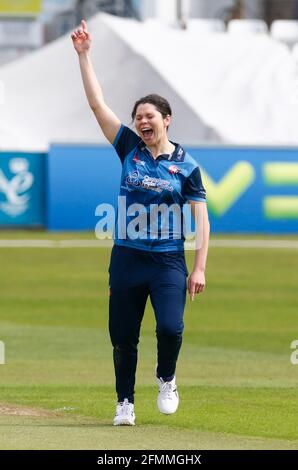 CHELMSFORD, United Kingdom, MAY 09: Alice Davidson-Richards of Kent Women   celebrates the wicket of Essex Women's Kelly Castle  during WomenÕs County Stock Photo