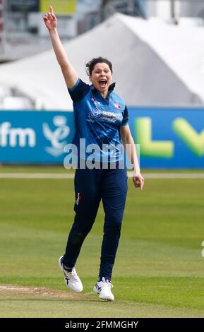 CHELMSFORD, United Kingdom, MAY 09: Alice Davidson-Richards of Kent Women   celebrates the wicket of Essex Women's Kelly Castle  during WomenÕs County Stock Photo