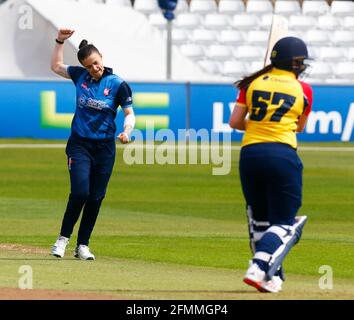 CHELMSFORD, United Kingdom, MAY 09: Alice Davidson-Richards of Kent Women   celebrates the wicket of Essex Women's Catherine Dalton during WomenÕs Cou Stock Photo