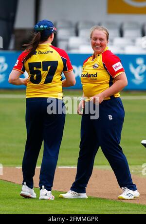 CHELMSFORD, United Kingdom, MAY 09: Essex Women's Katie Midwood celebrates LBW on Grace Gibbs of Kent Women with Essex Women's Catherine Dalton  durin Stock Photo