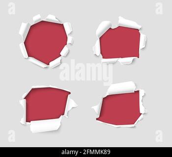 Set of form holes with ripped edges in white paper sheet realistic 3d illustration. Breach and gap collection. Torn damaged white paper Stock Vector