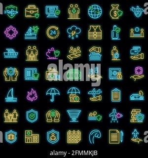 Family travel insurance icons set. Outline set of family travel insurance vector icons neon color on black Stock Vector