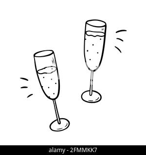 Two clinking glasses with champagne isolated on white background. Cheers, holiday toast. Vector hand-drawn illustration in doodle style. Suitable for cards, decorations, invitations, festive designs. Stock Vector