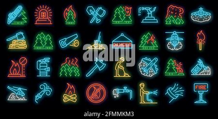 Wildfire icons set. Outline set of wildfire vector icons neon color on black Stock Vector