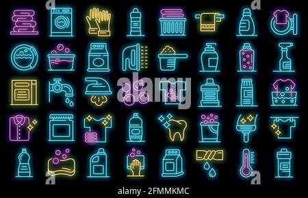 Bleach icons set. Outline set of bleach vector icons neon color on black Stock Vector