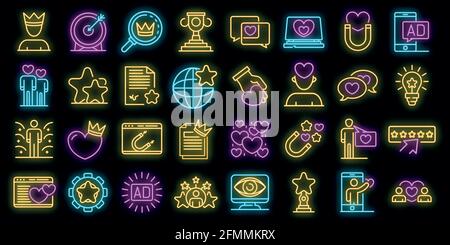 Engaging content icons set. Outline set of engaging content vector icons neon color on black Stock Vector