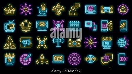 Remarketing icons set. Outline set of remarketing vector icons neon color on black Stock Vector