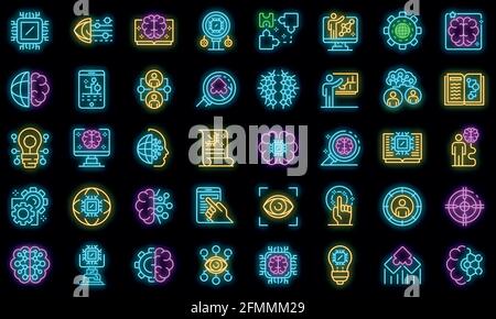Machine learning icons set. Outline set of machine learning vector icons neon color on black Stock Vector