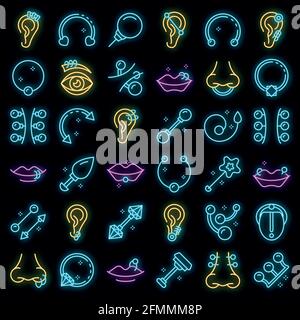 Piercing icons set. Outline set of piercing vector icons neon color on black Stock Vector