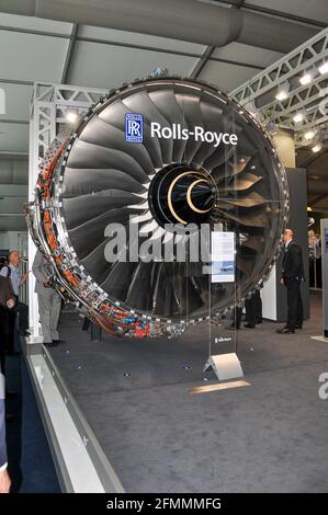 Rolls Royce Trent 900 aero engine on display at the Farnborough International Airshow 2010, as fitted to Airbus A380. High bypass turbofan