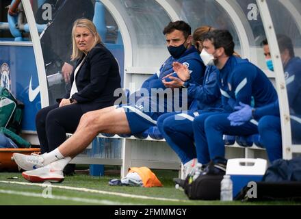 Kingston, UK. 09th May, 2021. Chelsea women manager Emma Hayes during the FAWSL match between Chelsea Women and Reading Women at the Kingsmeadow Stadium, Kingston, England on 9 May 2021. Photo by Andy Rowland. Credit: PRiME Media Images/Alamy Live News Stock Photo