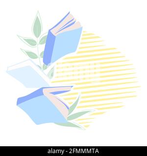 Blue books flying banner template. Reading Vector minimalist background with textures for a library. Education poster, flyer, advertising. Knowledge Stock Vector