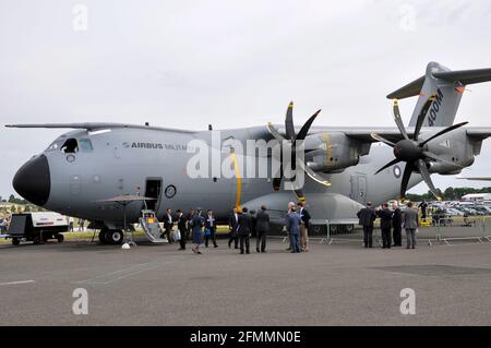 Airbus Military A400M Atlas military transport plane testbed EC-402 displayed to business people at the Farnborough International Airshow 2010 Stock Photo