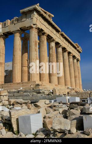Columns of the Parthenon against blue sky, Athens, Greece Stock Photo