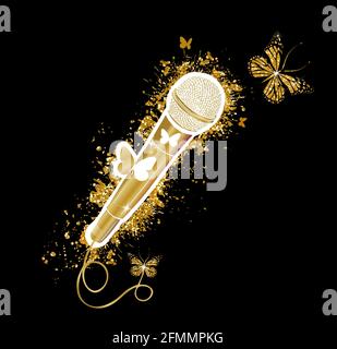 Gold microphone with beautiful shiny butterflies. Mic vector icon. Cartoon vector icon isolated on white background mic. Vector illustration Stock Vector