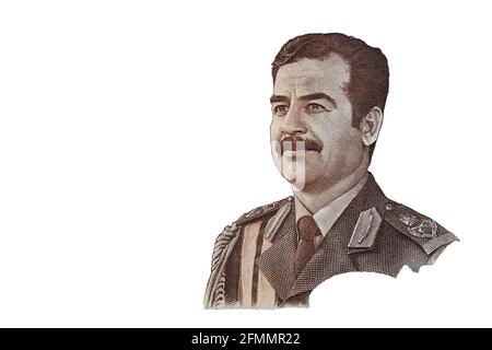Saddam Hussein cut from 25  Iraqi dinar banknote issued in 1986 for design purpose Stock Photo