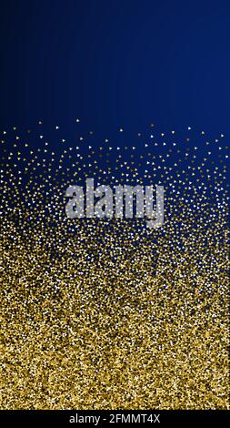 Gold triangles glitter luxury sparkling confetti. Scattered small gold particles on dark blue background. Energetic festive overlay template. Beauteou Stock Vector