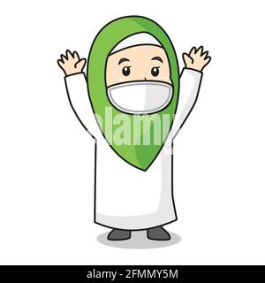 Muslim girl use white dress and green hijab traditional muslim. cheerful in ramadan month, using mask and healthy protocol.Vector character illustrati Stock Vector