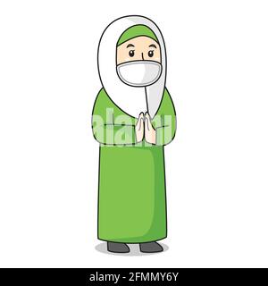 Muslim woman or mother use green dress and white hijab traditional muslim. greeting forgiveness in ramadan month, using mask and healthy protocol.Vect Stock Vector