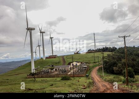 Kajiado, Kenya. 9th May, 2021. A view of the Ngong Hills power station in Ngonh Hills Kajiado County. The Ngong hills power station accommodates approximately thirty wind turbines and its located on the Northern part of Ngong Hills in Kajiado County, the wind turbines have a total of 25.5 MW. The Ngong Hills has around three power station that is powered by the energy generated directly from wind turbines. Credit: Donwilson Odhiambo/SOPA Images/ZUMA Wire/Alamy Live News Stock Photo