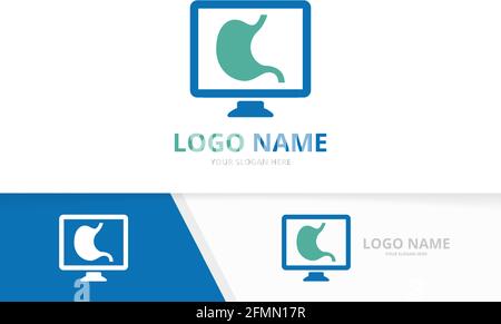 Vector stomach and computer logo combination. Unique gastrointestinal tract and monitor logotype design template. Stock Vector