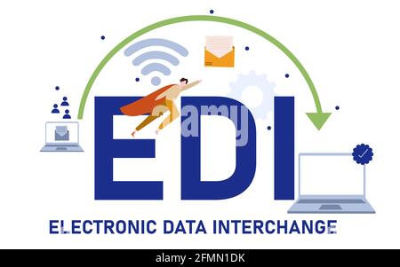 electronic data interchange typography lettering text around laptop network connection icon with cartoon flat style Stock Vector