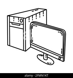 Computer as Telecommunication Equipment Hand Drawn Icon Set Vector. Stock Vector