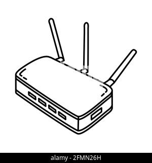 Modem as Telecommunication Equipment Hand Drawn Icon Set Vector. Stock Vector