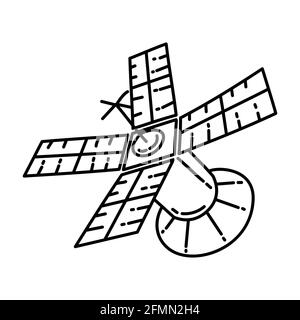 Satellite as Telecommunication Equipment Hand Drawn Icon Set Vector. Stock Vector