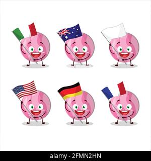 Pink candy cartoon character bring the flags of various countries. Vector illustration Stock Vector