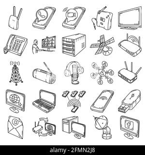 Telecommunication Equipment Device Hand Drawn Icon Set Vector. Stock Vector