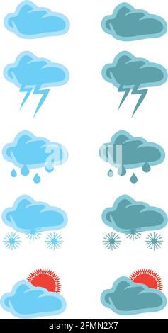 Vector illustrations of weather icons in blue and green color for cloudy, thunderstorm, raining, snowing and sunshine isolated on white background. Stock Vector