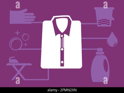 Vector illustration of folded shirt icon in the centre and laundry icons on background. Layout template design for infographics. Stock Vector