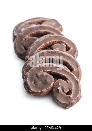 Sweet pastry palmeritas with chocolate icing isolated on white background. Stock Photo
