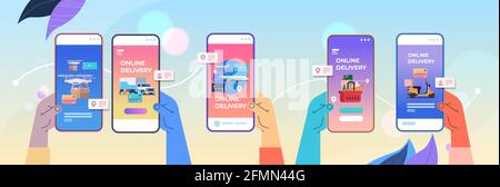 human hands using mobile app for ordering goods fast delivery service online shopping e-commerce Stock Vector