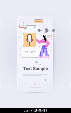 businesswoman using mobile app personal assistant voice recognition soundwave intelligent technologies Stock Vector