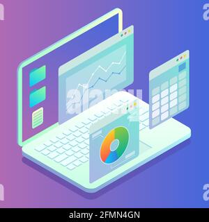 Web analytics concept. Laptop computer with charts, graphs on screen. Website statistics, vector isometric illustration. Stock Vector