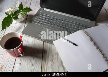 Home office workspace background. Close up, selective focus. Stock Photo