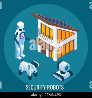 Automated security and surveillance robots protecting house, vector isometric illustration. Artificial intelligence. Stock Vector