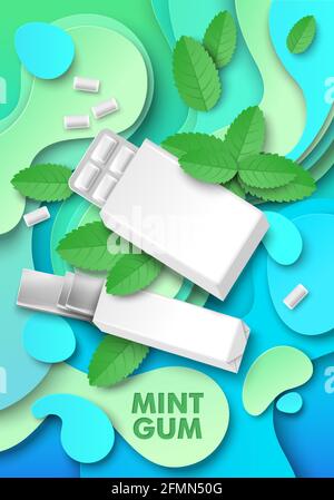 Mint chewing gum ads template, vector illustration. Pad and slab bubble gum package mockup, paper cut green mint leaves. Stock Vector