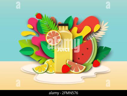 Multifruit juice drink bottle, fresh fruits, liquid splashes, drops. Vector paper cut style illustration. Mix juice ads. Stock Vector